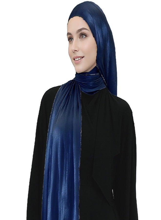HURESON Women Premium Hijab Scarf for Women Lightweight 4 Edges Beaded Shimmer Hijabs Crepe Scarves Shawls Head Wraps Shiny (Deep blue) - Image 4